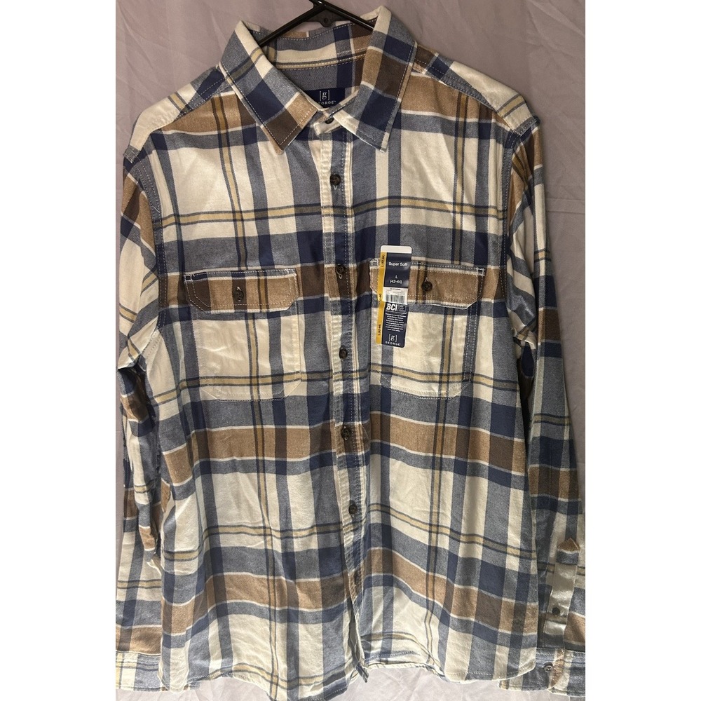 George Mens Flannel Shirt Large 42-44 Blue Brown Plaid Super Soft NWT